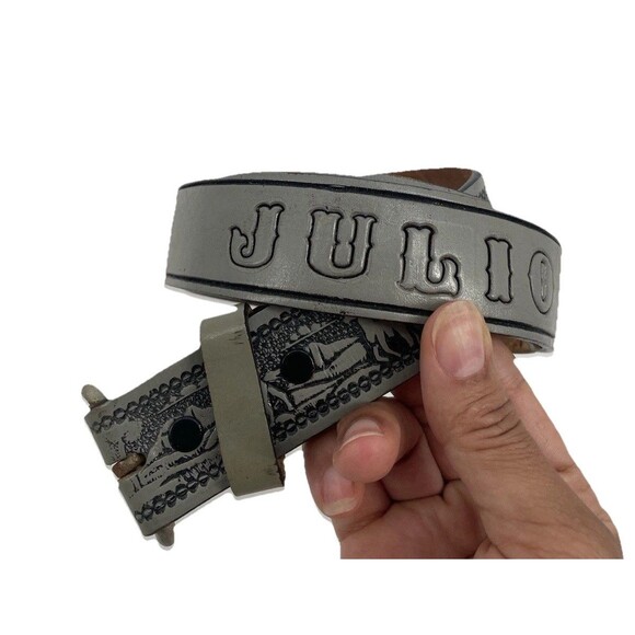 VTG 70s Tooled Leather Belt Western Horse Mountains Sunrise Cowboy Name Julio - Picture 1 of 12